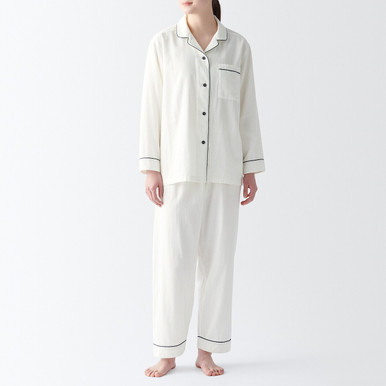 Women's Side Seamless Double Gauze Long Sleeve Collar Pyjamas‐ Contrast ...