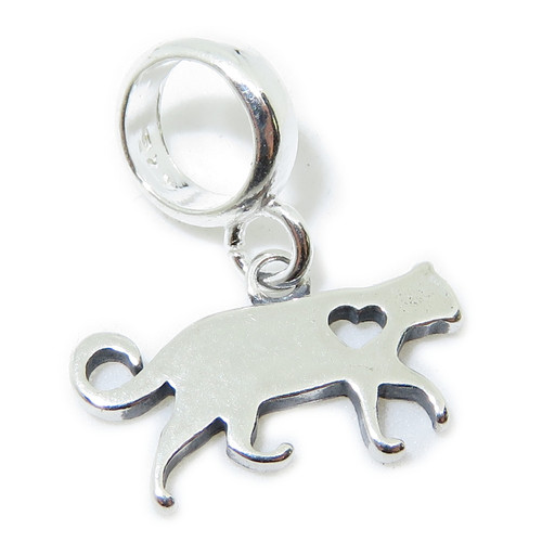 Cat & Heart bead sterling silver charm .925 x 1 Love cats beads