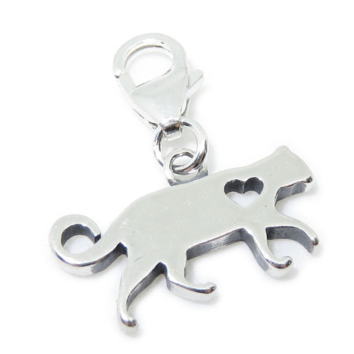 Cat & Heart sterling silver charm with clip .925 cats charms