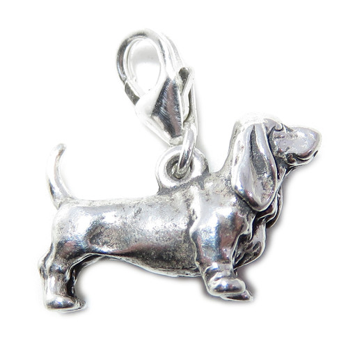 Basset hound dog on lobster clip sterling silver charm .925 x 1