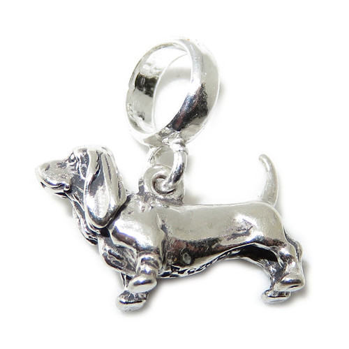 Basset hound dog on bead carrier sterling silver charm .925 x 1