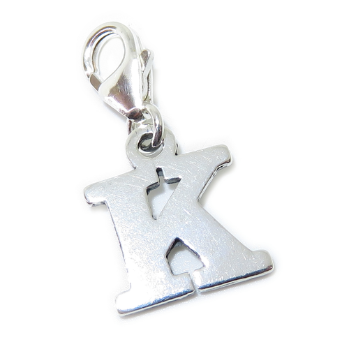 Letter K Initial sterling silver charm on lobster clip .925 x 1 Letters charms