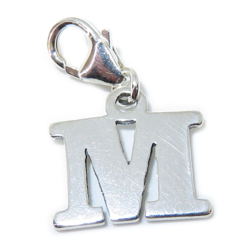 Letter M Initial sterling silver charm on lobster clip .925 x 1 Letters charms