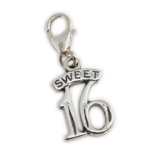 Sweet 16 Sixteen sterling silver small clip charm .925 x 1 16th birthday charms