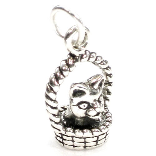 Kitten in basket sterling silver charm .925 x 1 Cute Kittens charms