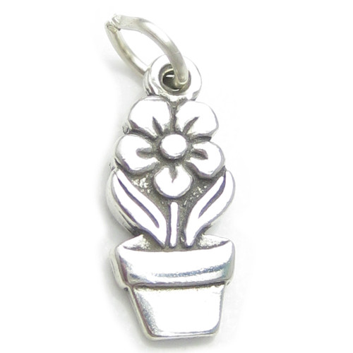 Flower In Pot 2D sterling silver charm .925 x1 Flowers Gardeners charms