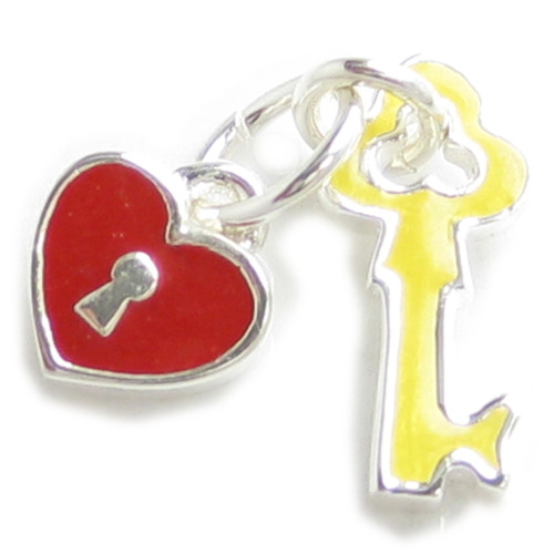 Heart and key enamelled sterling silver charm .925 x 1 Love charms