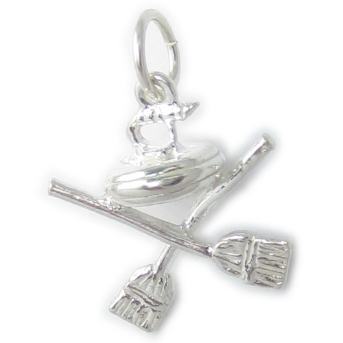 Curling Stone and brushes sterling silver charm .925 x 1 charms
