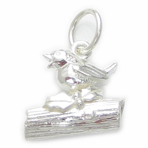 Robin On A Log sterling silver charm .925 x 1 Christmas Robins charms