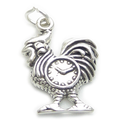 Cockerel with Alarm clock sterling silver charm .925 x1 Roosters charms