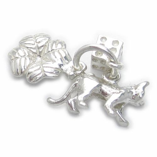 Cat Dice 4 Leaf clover Lucky sterling silver charm .925 Luck charms
