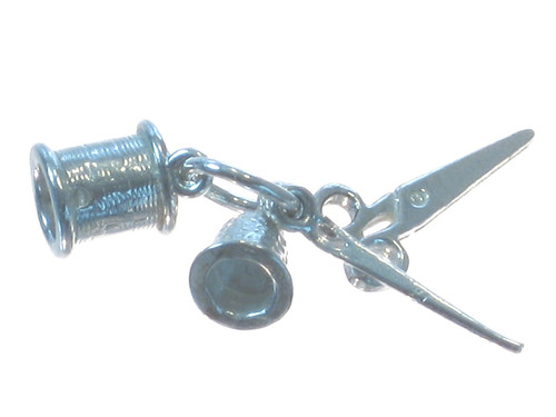 Sewing set sterling silver charm .925 Thimble Reel Needle Scissors