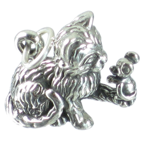 Cat playing with a mouse sterling silver charm .925 Cats charms