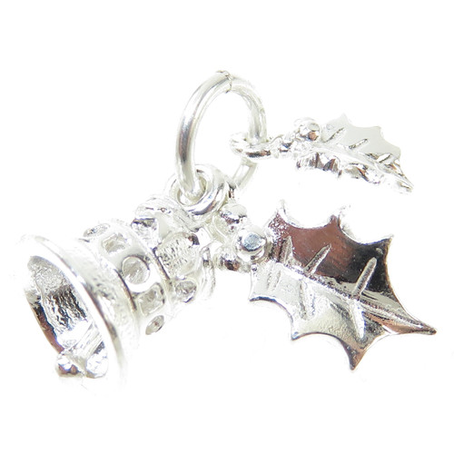 Holly Leaves and Bell sterling silver charm .925 x 1 Christmas charms