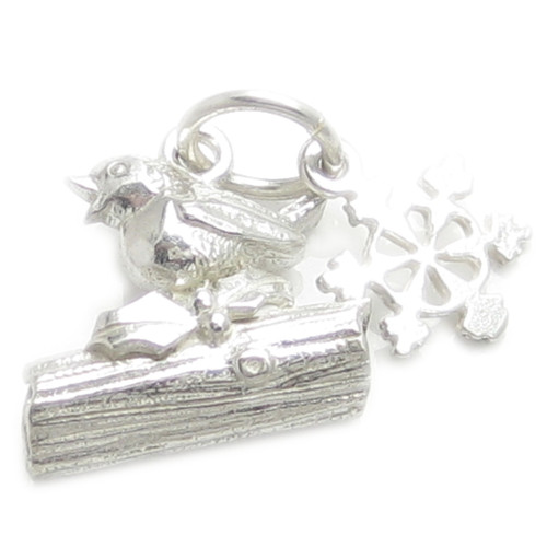 Robin on Log with snowflake sterlng silver charm .925 x1 Christmas Charms
