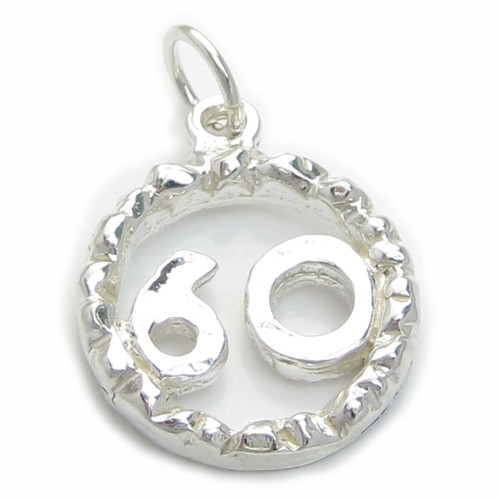 60th Birthday sterling silver charm pendant .925 Number Sixty 60 Anniversary