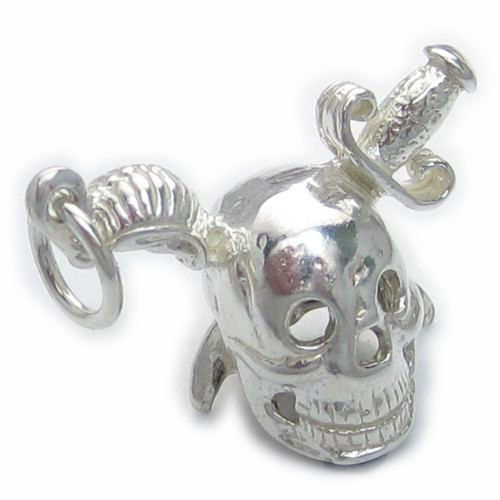 Skull with not one but two cutlasses sterling silver charm .925