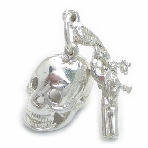 Skull with Pistol sterling silver charm .925 Pistols guns charms