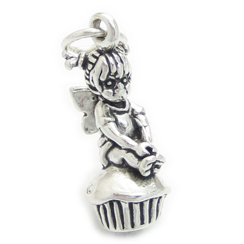 Fairy on a Cake sterling silver charm .925 x 1 Fairy Cup Cakes charms