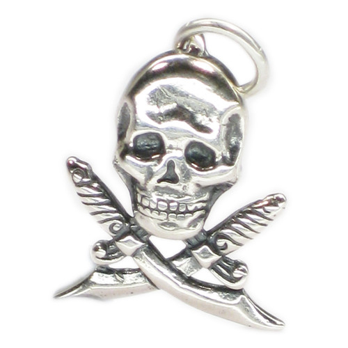 Skull and Crossbones 2D sterling silver charm pendant .925 Pirates