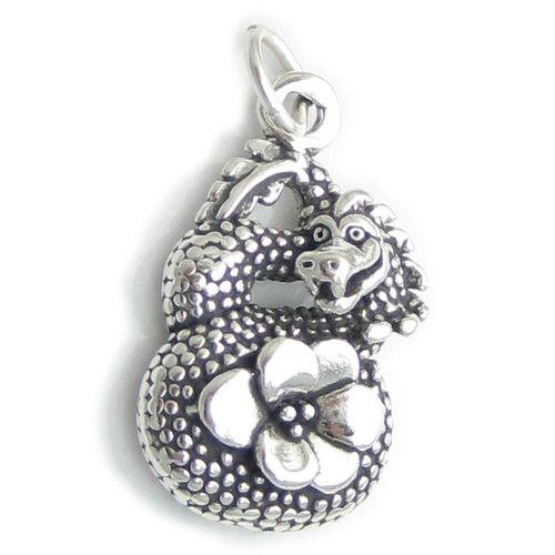Dragon with Flower sterling silver charm .925 x 1 Dragons with Flowers