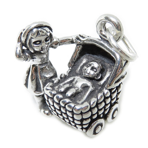 Girl with Baby in pram sterling silver charm .925 babies charms