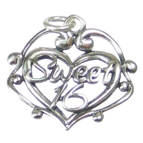 Sweet 16 Sixteen sterling silver charm pendant .925 x 1 Heart Charms