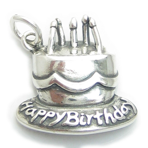 Happy Birthday cake 2D sterling silver charm .925 Birthdays cakes