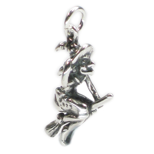 Witch on Broomstick sterling silver charm .925 Witches Halloween