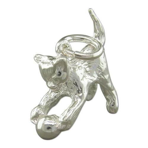 Cat - Kitten playing with a ball sterling silver charm .925 charms