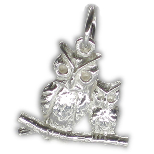 Two Owls sitting on a branch sterling silver charm .925 x 1 Owl charms