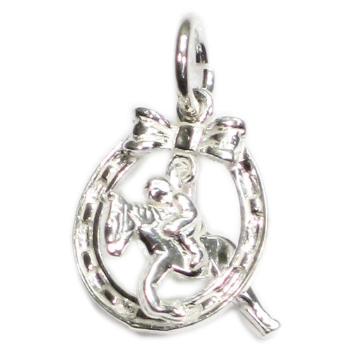 Horse Jumping through horseshoe sterling silver charm .925 charms A1