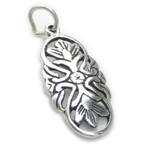 Oval Floral design sterling silver charm .925 Flowers charms