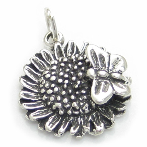 Sunflower with a butterfly sterling silver charm .925 Sun Flowers