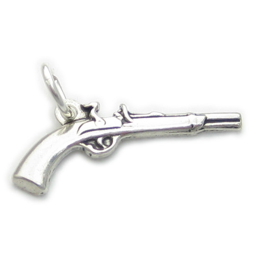 Pistol Gun 2D sterling silver charm .925 x 1 Flintlock style guns charms