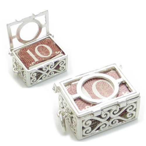 Money Box sterling silver charm .925 x 1 with real 10 shilling note