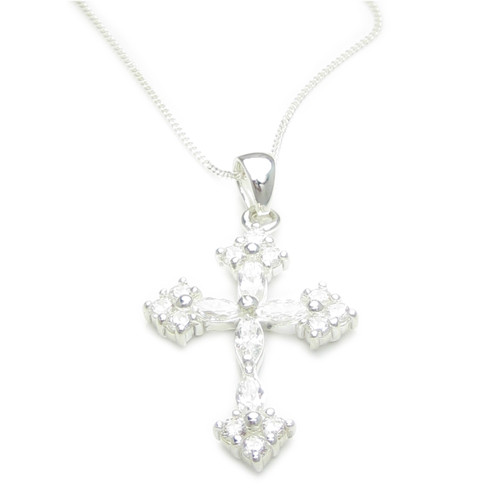 Cubic Zirconia cross on a 16 inch sterling silver chain necklace .925