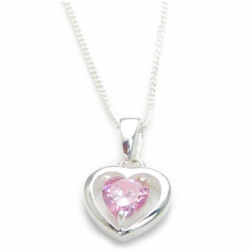 Pink CZ heart sterling silver pendant on 16 inch chain .925