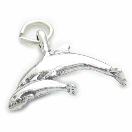Dolphin with Baby Calf 2D sterling silver charm .925 x 1 Dolphins charms