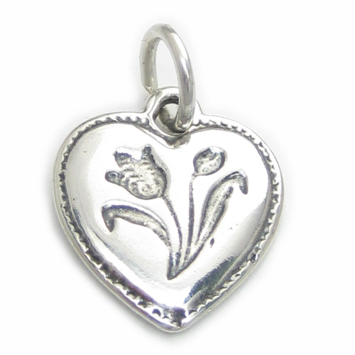 Tulip on Heart sterling silver charm .925 Tulips Hearts charms
