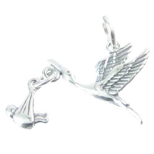 Stork with a movable baby sterling silver charm .925 Storks Babies