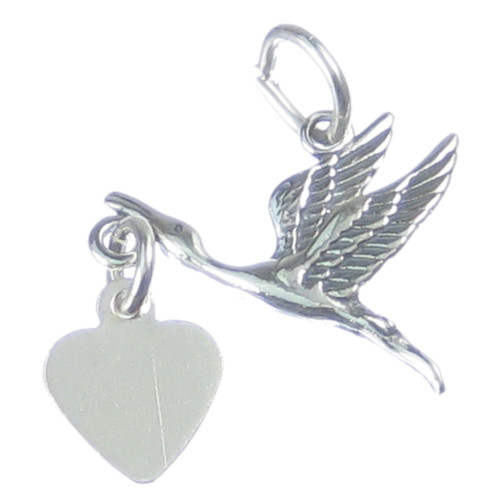 Stork with engravable heart sterling silver charm .925 x1 Storks Babies