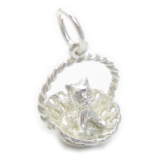 Kitten in a basket sterling silver charm .925 x 1 Kittens Cats charms A1