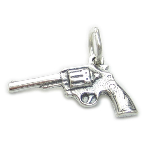Hand Gun Revolver 2D sterling silver charm .925 x 1 Guns charms