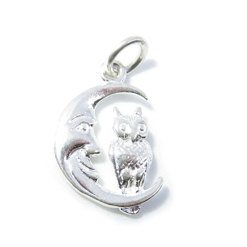 Night Owl sitting in Moon sterling silver charm .925 x 1 Owls charms