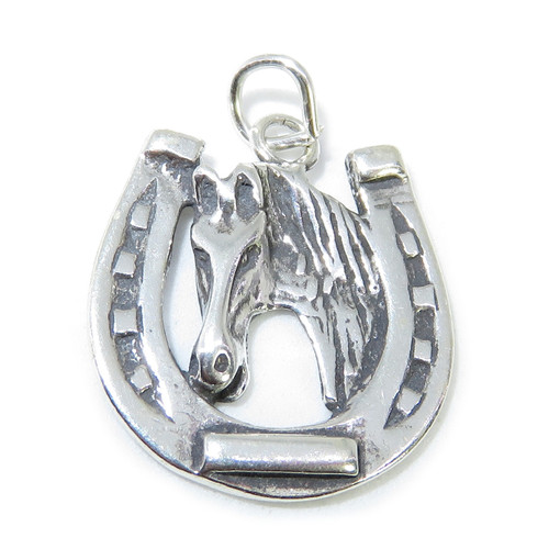 Horseshoe with Horse sterling silver charm .925 x 1 Horses charms