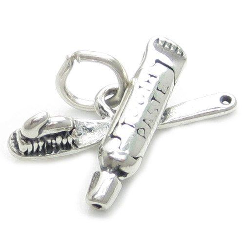 Toothbrush and Toothpaste sterling silver charm .925 x 1 Teeth Dentist