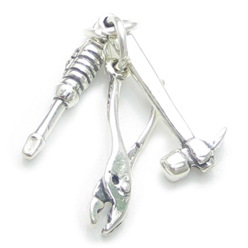 Tool Set sterling silver charm .925 x 1 Hammer Pliers Screwdriver