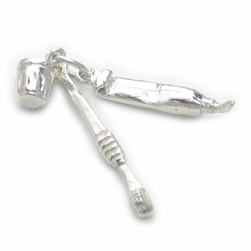 Toothbrush - Cup - Paste sterling silver charm .925 Dentist charms