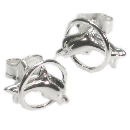 Dolphin in Hoop sterling silver stud earrings .925 x 1 pair dolphins